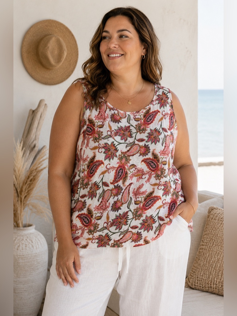 J. Jill Love‎ Linen 100% Linen Paisley Floral Sleeveless Tank Top 2X Boho